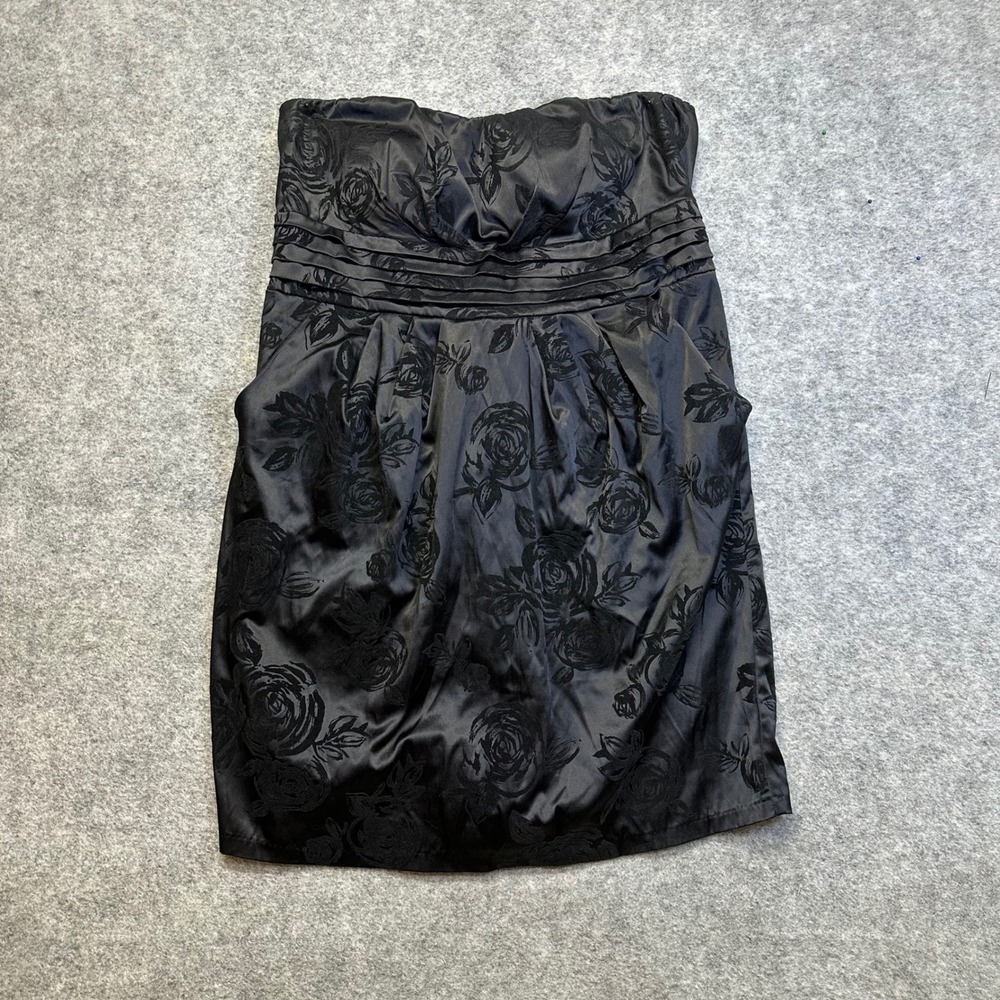 Snap Strapless Floral Mini Dress Womens 18W Black Flocked Rose Satin Tie